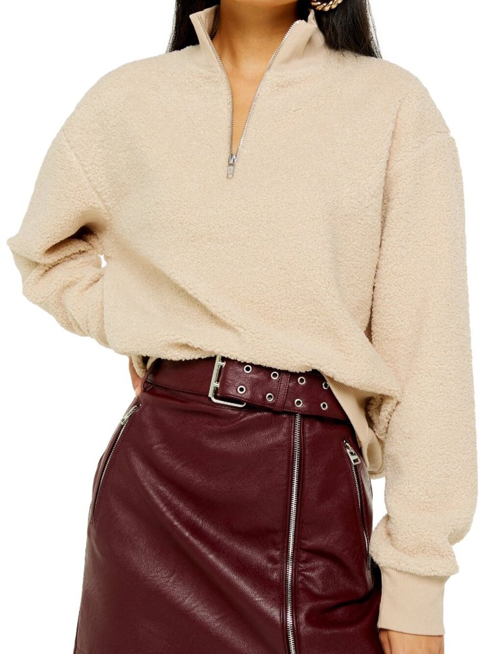 Topshop Half Zip Funnel Neck Sweatshirt | Cream Boucle Material | Size 6/Small